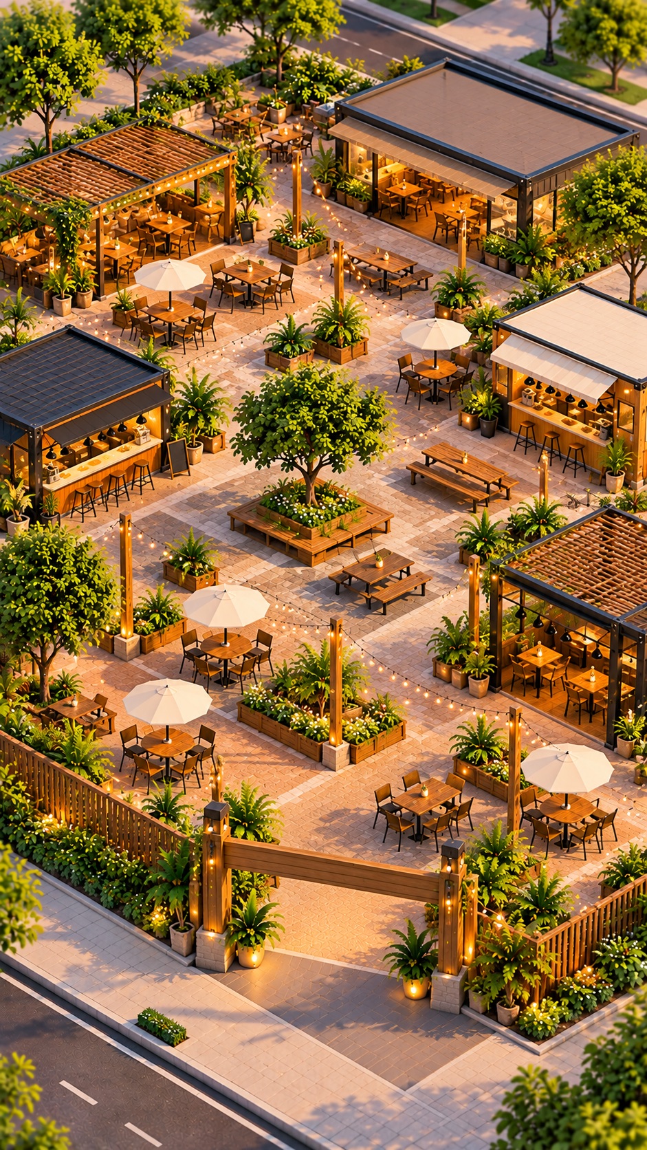 Ilustração do Food Park com restaurantes, mesas e caminhos arborizados